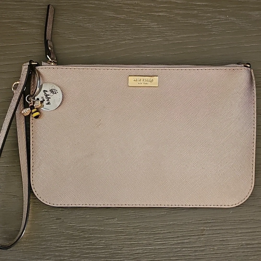 Kate Spade RoseGold Wristlet Clutch with Unbranded BEE HAPPY KEYCHAIN